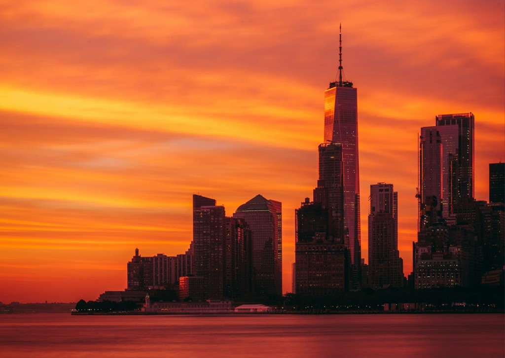 Lower Manhattan skyline at sunset